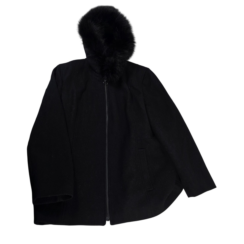 Herman Kay‎ Black Wool Blend Coat Fur Hood Zip Front Women's XL